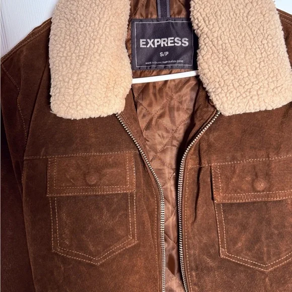 Express Men's Chocolate Brown Suede Bomber with Cream Collar - Picture 4 of 8